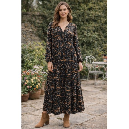 Robe longue bohème fleurie Cream noire – Taille 40 | Fripencia