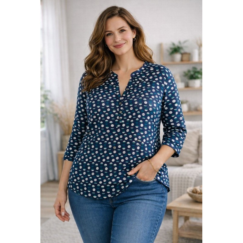 Blouse femme coton bleu marine motifs géométriques T42 – Up2Fashion | Fripencia