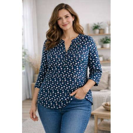 Blouse femme coton bleu marine motifs géométriques T42 – Up2Fashion | Fripencia