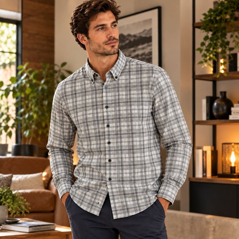 Chemise Homme Bugatti à Carreaux Gris XL 43/44 | 100% Coton